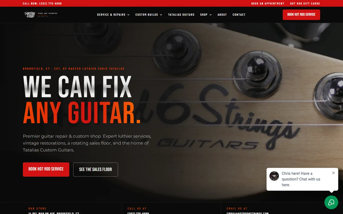 Homepage of the guitar shop and repair website we built in Brookfield