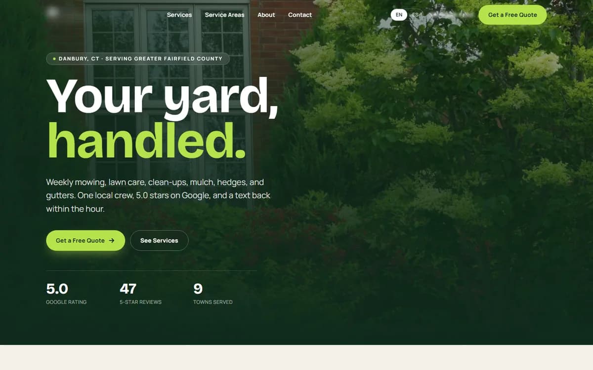 Homepage of the landscaper website we built in Fairfield County